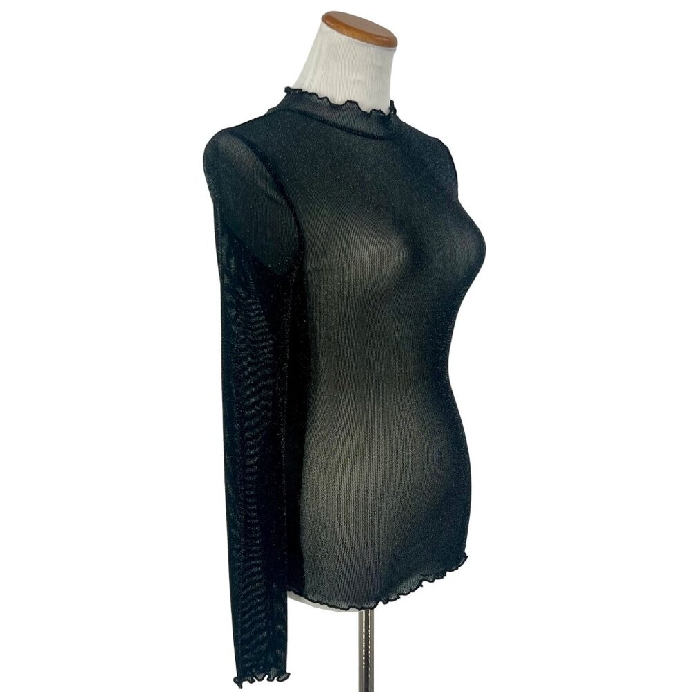 Black Shimmery Sheer Mock Neck Long Sleeve Top S | Rockstar Girlfriend Y3K Siren - Picture 6 of 16